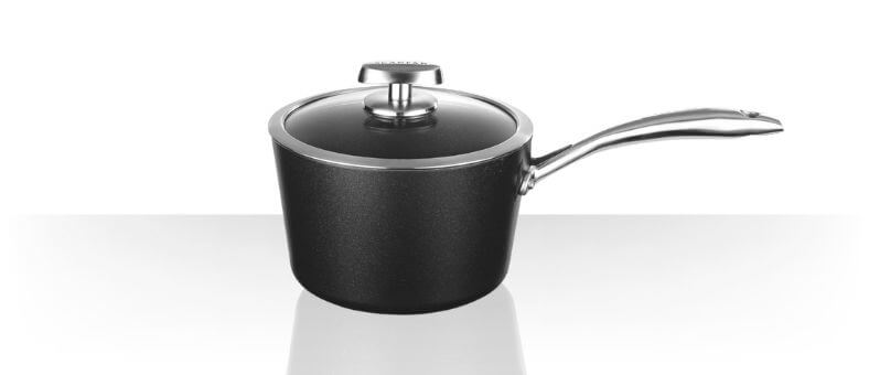 Scanpan Nonstick Covered Saucepan in black with stainless steel handle and glass lid for easy cooking.