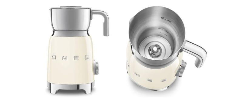Smeg MFF01CRUS retro-style milk frother in cream color with stainless steel interior and lid.