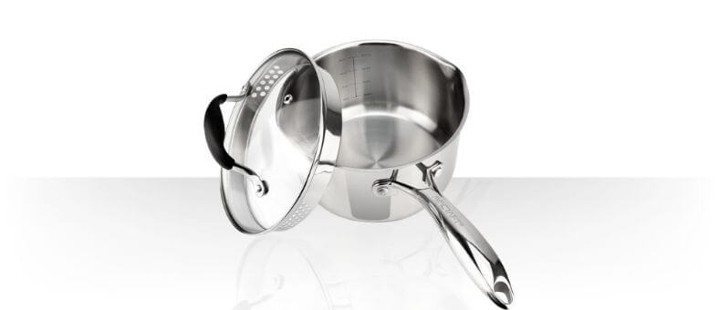 AVACRAFT Stainless Steel Saucepan with strainer glass lid, ergonomic handle, and dishwasher safe body.