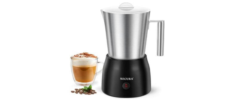 Secura detachable stainless steel milk frother and steamer with black base and cappuccino cup.