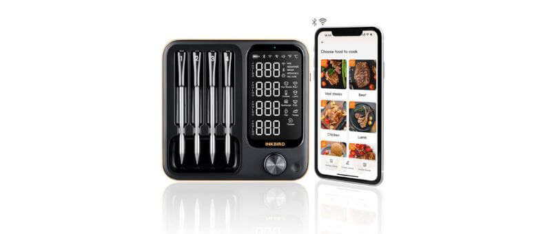 A modern wireless digital meat thermometer with four probes and smartphone connectivity for real-time cooking control.