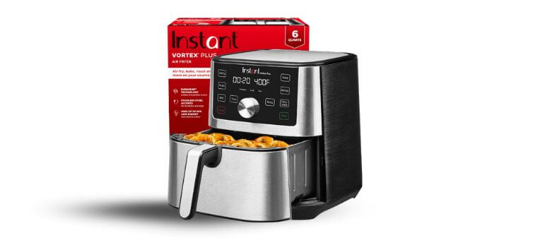 Instant Pot Vortex Plus Air Fryer with stainless steel exterior and LED display — one of the best air fryers for families with powerful performance and dishwasher-safe basket.