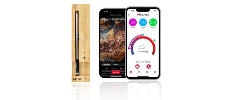A single-probe MEATER Plus smart meat thermometer with wooden charging dock and app interface showing precise cooking temperature.