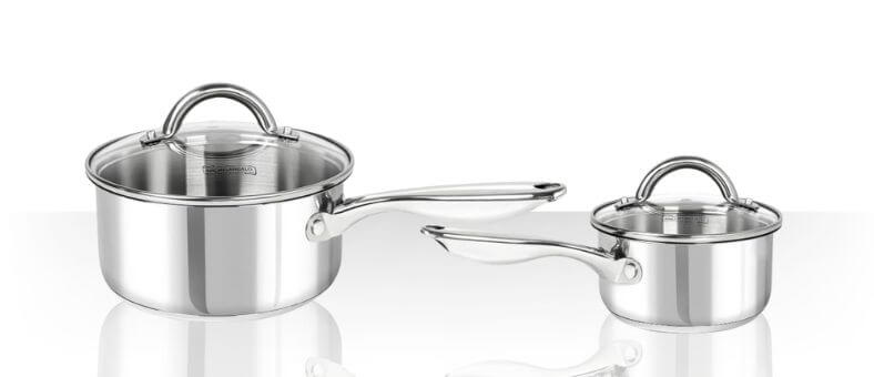 MICHELANGELO saucepan set featuring two stainless steel saucepans with lids, polished finish, and dishwasher safe convenience.
