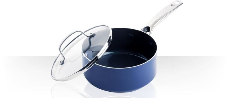 Blue Diamond nonstick ceramic saucepan with glass lid, toxin-free coating, dishwasher and oven safe cookware.