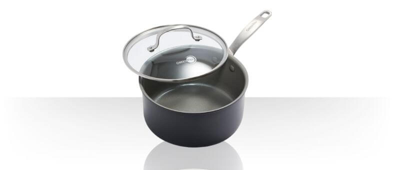 GreenPan Chatham hard anodized nonstick saucepan with glass lid, PFAS-free ceramic coating, and dishwasher safe build.