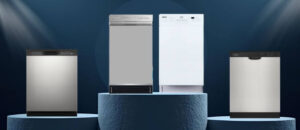 A lineup of the best built-in dishwashers under $500 is displayed on podiums with spotlights, featuring stainless steel and white finishes, compact modern designs, and simple control panels. This highlights affordable yet stylish dishwashers that blend functionality with value for budget-conscious buyers searching for reliable kitchen appliances.