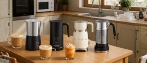 Modern kitchen countertop with four Dishwasher-Safe Milk Frothers from top brands like Secura, Instant Pot, Smeg, and Nespresso, placed beside freshly made cappuccinos and lattes.