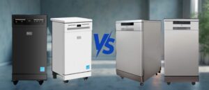 A modern comparison scene featuring BLACK+DECKER and SPT portable dishwashers, positioned side by side in a stylish kitchen, with two BLACK+DECKER models on the left and two stainless-steel SPT models on the right. A bold VS symbol at the center highlights the BLACK+DECKER vs SPT dishwasher comparison, helping shoppers choose between these popular portable dishwashers.