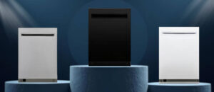 Kenmore 2214639 Dishwasher Review image showing the built-in (under-counter) dishwasher is placed in a showroom, emphasizing its streamlined front panel and modern aesthetic.