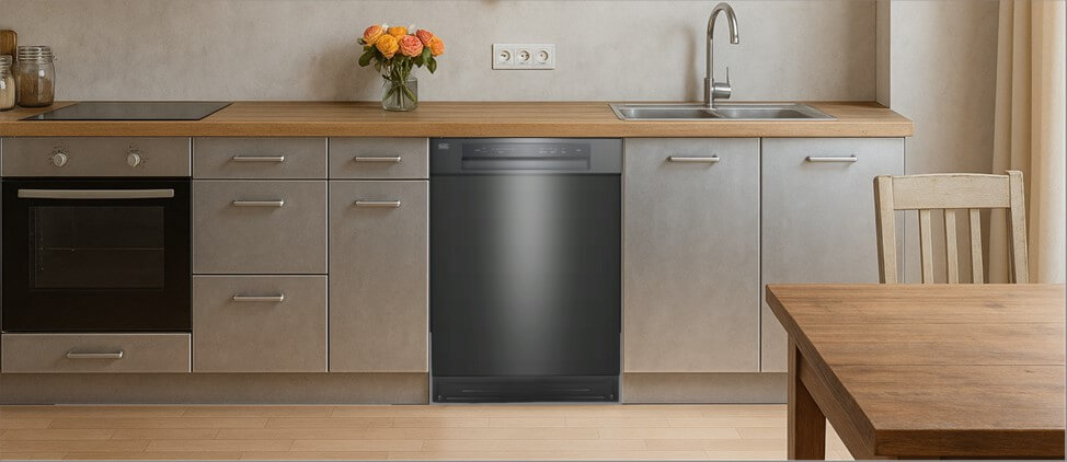 A sleek, contemporary kitchen with built-in cabinetry, integrated appliances, and a modern sink setup. The BLACK+DECKER BDW100MW dishwasher is seamlessly installed within the cabinetry, demonstrating its compatibility with clean, minimalist kitchen designs.