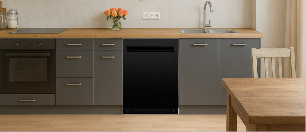 A sleek, contemporary kitchen with built-in cabinetry, integrated appliances, and a modern sink setup. The Kenmore 2214639 dishwasher is seamlessly installed within the cabinetry, demonstrating its compatibility with clean, minimalist kitchen designs.