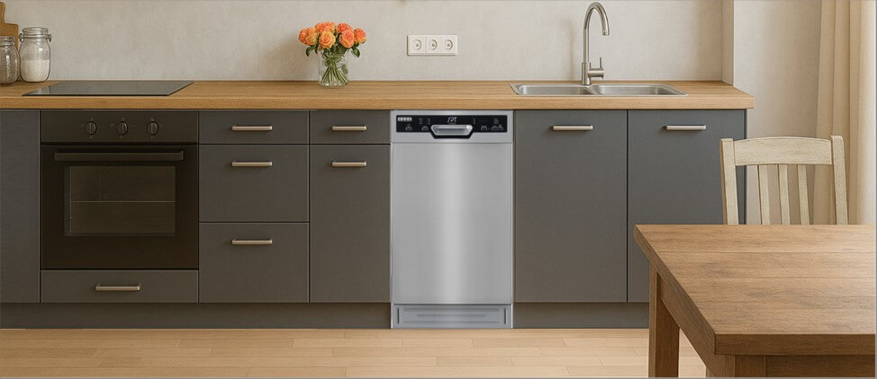 A bright, modern kitchen featuring built-in cabinetry with integrated appliances and a sink. One of the cabinets is fitted with a the SPT SD-9254SSA dishwasher, highlighting how well it integrates into a minimalist, functional kitchen layout.