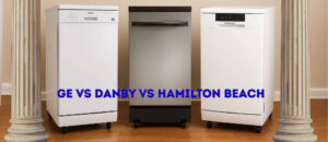 A side-by-side comparison of three portable dishwashers from Danby, GE, and Hamilton Beach placed in a modern kitchen setting. The image highlights their design, size, and color differences, visually supporting the article topic Danby vs GE vs Hamilton Beach for readers researching the best portable dishwasher options.