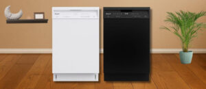 Feature image of Honeywell HDS18W Dishwasher Review: The image shows the built-in (under-counter) dishwasher is placed in an appliance showroom, displaying the dishwasher’s refined and modern look, with a streamlined front panel and stylish build that complements today’s kitchens.