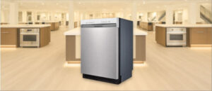 Kenmore 2214785 Dishwasher Review image showing the built-in (under-counter) dishwasher is placed in a showroom, emphasizing its streamlined front panel and modern aesthetic.