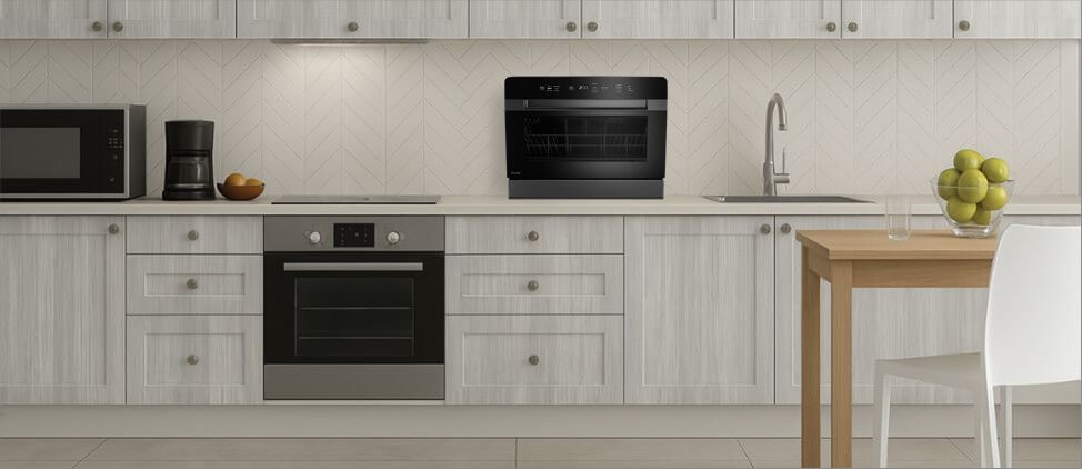 An informative graphic comparing the GE Profile dishwasher's size to common kitchen counters and human height references. This visual aid provides a clear sense of scale, highlighting its compact footprint and suitability for tight kitchen spaces.