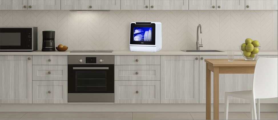 An informative graphic comparing the HAVA TDQR07 dishwasher's size to common kitchen counters and human height references. This visual aid provides a clear sense of scale, highlighting its compact footprint and suitability for tight kitchen spaces.