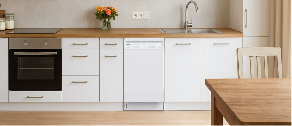 A bright, modern kitchen featuring built-in cabinetry with integrated appliances and a sink. One of the cabinets is fitted with a the Honeywell HDS18W dishwasher, highlighting how well it integrates into a minimalist, functional kitchen layout.