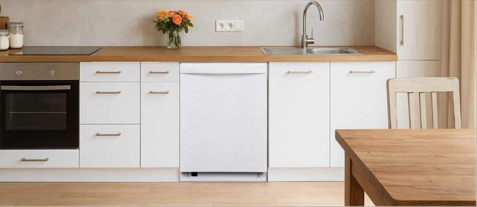 A stylish, modern kitchen showcasing streamlined cabinetry, an integrated sink, and smart appliance placement. The Kenmore 2214642  built-in dishwasher is neatly housed within the cabinets, blending effortlessly into the functional and elegant kitchen layout.