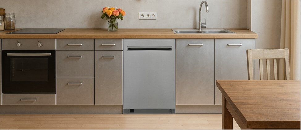 A stylish, modern kitchen showcasing streamlined cabinetry, an integrated sink, and smart appliance placement. The Kenmore Elite built-in dishwasher is neatly housed within the cabinets, blending effortlessly into the functional and elegant kitchen layout.