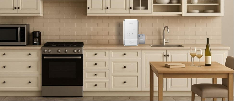A visual size comparison chart displaying theLoch Solo Capsule dishwasher alongside a standard kitchen counter and average human heights. The graphic helps users understand its compact dimensions and how it fits within a regular kitchen environment.