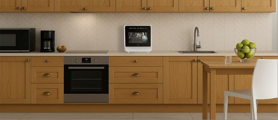A size comparison graphic illustrating the magicplux US MDW5CW01 dishwasher's dimensions in relation to a kitchen counter and standard human heights. The diagram provides a visual reference for users to gauge its compact form factor and placement in a typical kitchen setup.