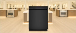 GE GDT225SGLBB Dishwasher Review image showing the built-in (under-counter) dishwasher is placed in a showroom, emphasizing its streamlined front panel and modern aesthetic.