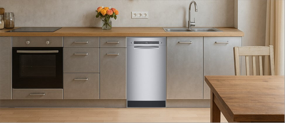 A stylish, modern kitchen showcasing streamlined cabinetry, an integrated sink, and smart appliance placement. The Bosch SPE53B55UC built-in dishwasher is neatly housed within the cabinets, blending effortlessly into the functional and elegant kitchen layout.