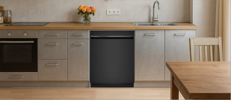 A bright, modern kitchen featuring built-in cabinetry with integrated appliances and a sink. One of the cabinets is fitted with a the GE GDT225SGLBB dishwasher, highlighting how well it integrates into a minimalist, functional kitchen layout.