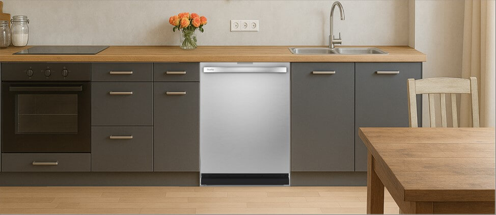 A sleek, contemporary kitchen with built-in cabinetry, integrated appliances, and a modern sink setup. The GE Profile PDT715SYNFS dishwasher is seamlessly installed within the cabinetry, demonstrating its compatibility with clean, minimalist kitchen designs.