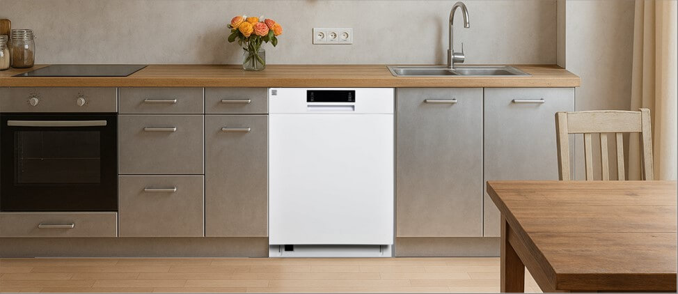 A bright, modern kitchen featuring built-in cabinetry with integrated appliances and a sink. One of the cabinets is fitted with a the Kenmore 2214602 dishwasher, highlighting how well it integrates into a minimalist, functional kitchen layout.