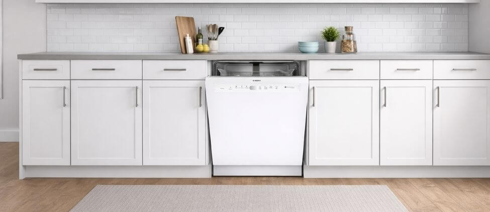 BOSCH SHE3AEM2N built-in dishwasher installed in a modern white kitchen with cabinets and wooden floor, featured in BOSCH SHE3AEM2N dishwasher review.