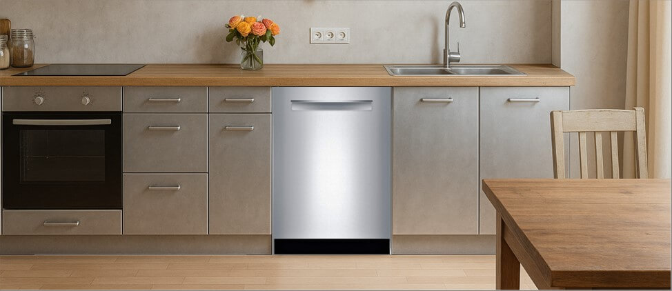 A sleek, contemporary kitchen with built-in cabinetry, integrated appliances, and a modern sink setup. The Bosch SHPM78Z55N dishwasher is seamlessly installed within the cabinetry, demonstrating its compatibility with clean, minimalist kitchen designs.