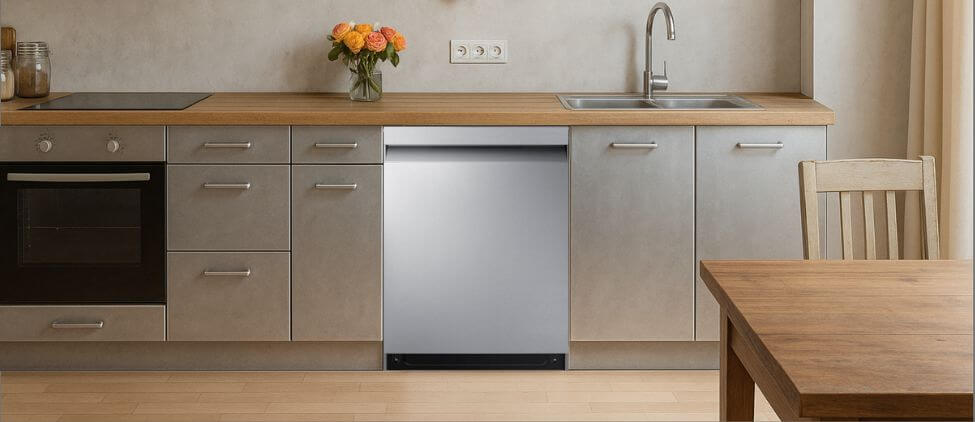 A sleek, contemporary kitchen with built-in cabinetry, integrated appliances, and a modern sink setup. The SAMSUNG DW80CG5450SR dishwasher is seamlessly installed within the cabinetry, demonstrating its compatibility with clean, minimalist kitchen designs.