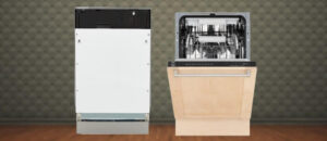 In this ZLINE DWV-18-PR Dishwasher Review image, the built-in (under-counter) dishwasher is displayed in a showroom setting, highlighting its modern design and sleek front panel.