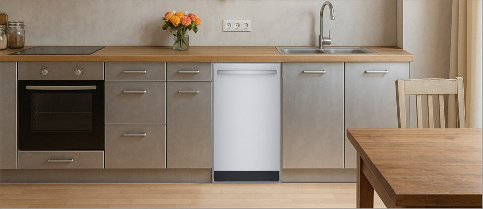 A stylish, modern kitchen showcasing streamlined cabinetry, an integrated sink, and smart appliance placement. The Bosch SPX68B55UC built-in dishwasher is neatly housed within the cabinets, blending effortlessly into the functional and elegant kitchen layout.