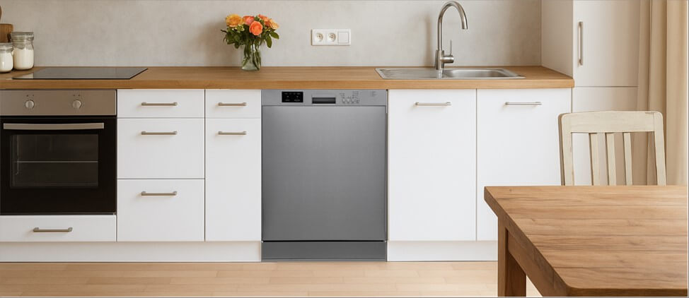 A bright, modern kitchen featuring built-in cabinetry with integrated appliances and a sink. One of the cabinets is fitted with a the Danby DDW2400ESS dishwasher, highlighting how well it integrates into a minimalist, functional kitchen layout.