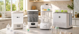 11 Best Baby Bottle Sterilizers and dryers displayed on a sunlit kitchen counter with baby bottles and a modern kitchen background.