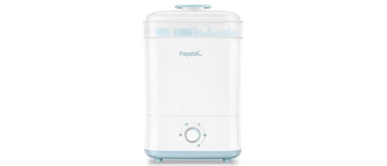 Papablic Baby Bottle Sterilizer and Dryer Pro – Tall white bottle sterilizer with transparent top and front dial control.