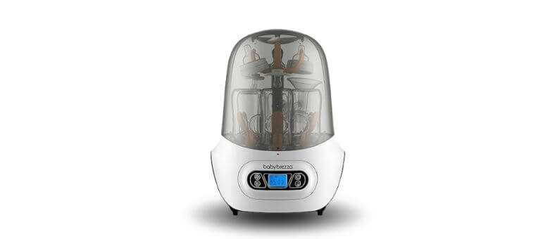 Baby Brezza Baby Bottle Sterilizer and Dryer Machine – Digital bottle sterilizer and dryer with smoked transparent lid and front display panel.
