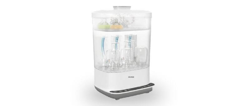 HAUTURE 6-in-1 Baby Bottle Sterilizer and Dryer – Large bottle sterilizer with clear chamber and touch control base.
