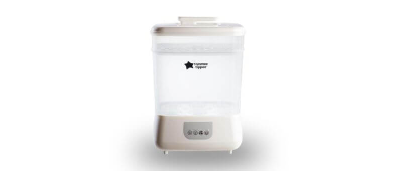 Tommee Tippee Advanced Steri Dryer Electric Steam Sterilizer – Minimalist steam sterilizer with transparent body and front control buttons.