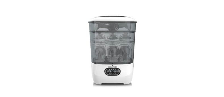 Baby Brezza One Step Sterilizer Dryer Advanced – Multi-level baby bottle sterilizer with digital countdown display and clear lid.