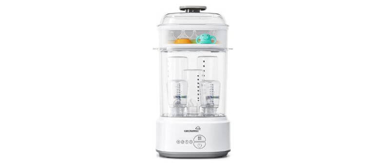 Grownsy Steri-Lite Bottle Sterilizer and Dryer – Vertical bottle sterilizer with two-tier design and transparent chamber.