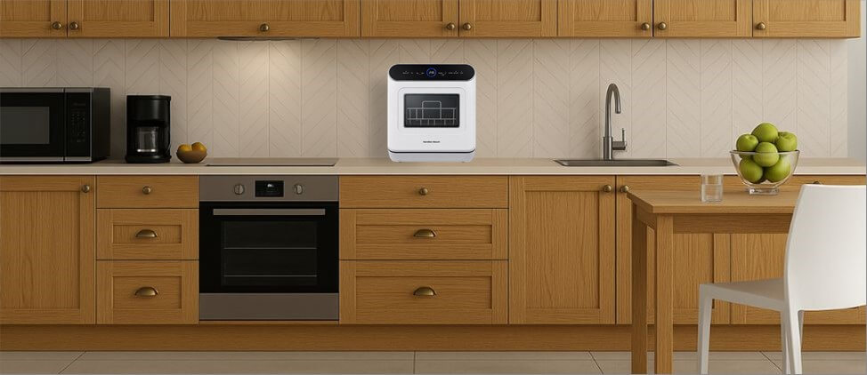 A visual size comparison chart displaying theHamilton Beach RDW3216 dishwasher alongside a standard kitchen counter and average human heights. The graphic helps users understand its compact dimensions and how it fits within a regular kitchen environment.