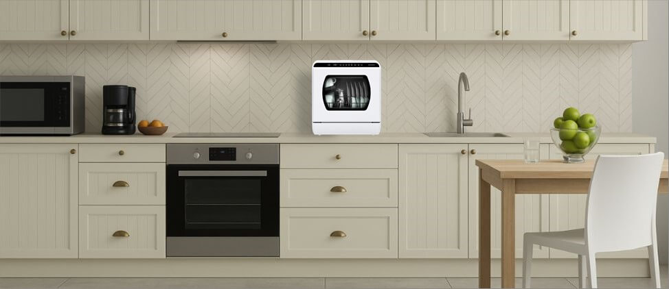 A visual size comparison chart displaying theHermitlux HMX-DW03-1 dishwasher alongside a standard kitchen counter and average human heights. The graphic helps users understand its compact dimensions and how it fits within a regular kitchen environment.