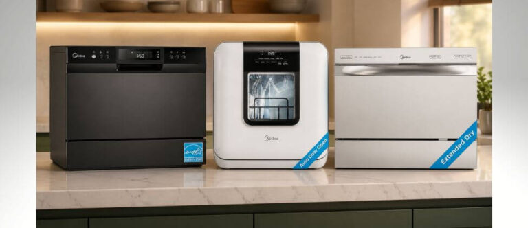 Comparison of the Best Midea Countertop Dishwashers in a modern kitchen, showcasing compact portable dishwasher models with advanced drying features and space-saving designs.