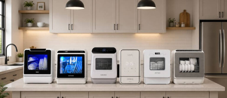 Front view of popular Countertop Dishwashers for Small Kitchens displayed side by side on a modern kitchen countertop, showcasing compact designs ideal for apartments, RVs, dorms, and homes with limited space.