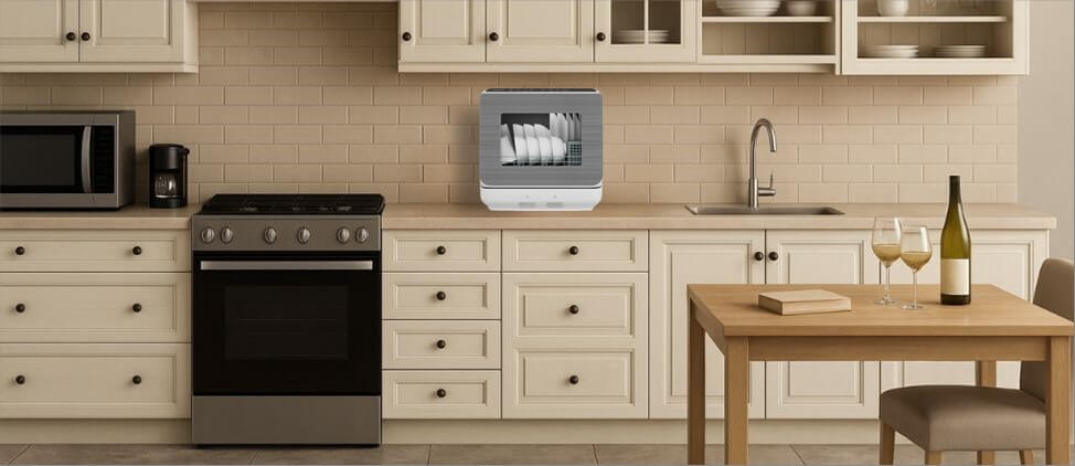 A size comparison graphic illustrating the Sunvivi ZDW002 dishwasher's dimensions in relation to a kitchen counter and standard human heights. The diagram provides a visual reference for users to gauge its compact form factor and placement in a typical kitchen setup.